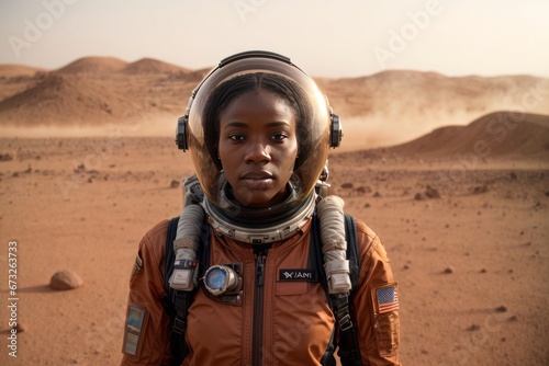 Beautiful African American Female astronaut in an orange spacesuit on a new planet. Concepts of the first people on Mars. © liliyabatyrova