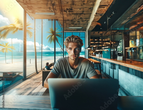 Digital Nomad Blonde-haired Blue-eyed Young Man Focused on Laptop in Coffee Shop
