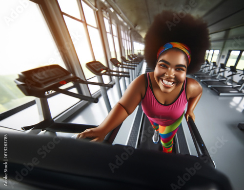 Cheerful Overweight Young Black Woman Walking on Treadmill, Dutch Angle Portrait