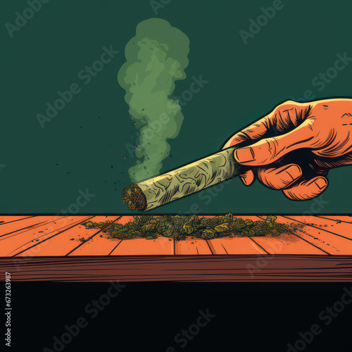 A rolled joint smoking over a pile of weed photo
