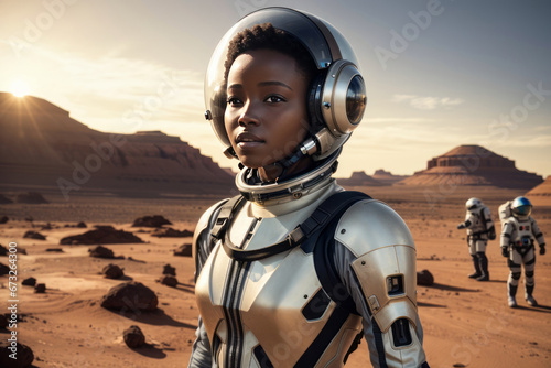 Beautiful African American Female astronaut putting on a spacesuit on a new planet. Concepts of the first people on Mars. Close-up portrait, copy space. © liliyabatyrova