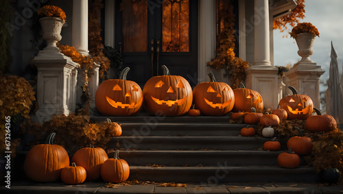 a group of carved Halloween pumpkins sitting on the steps of a house