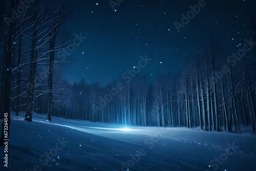 snow falling at night in a snowy dark forest with lights and stars