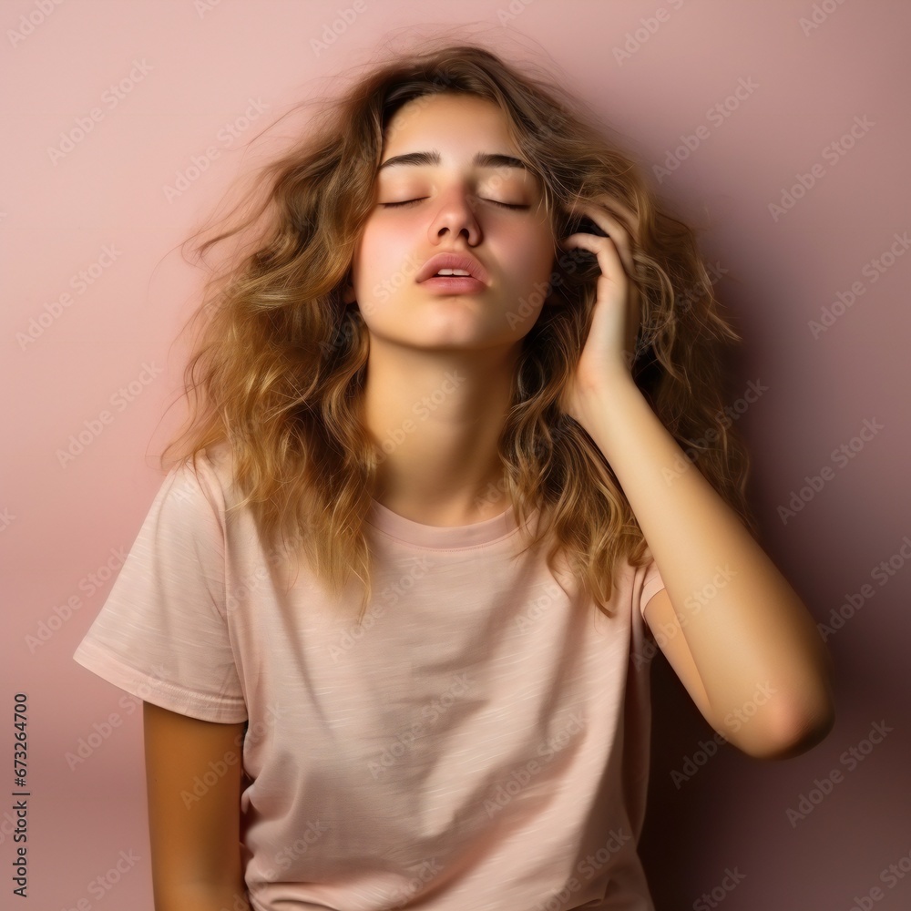 Sleepy girl wearing casual t shirt over pink background yawning tired covering half face with hand. face hurts in pain.