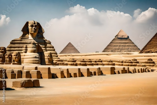 Monumental sculpture of the Sphinx and the great pyramids in the background  Giza Plateau  Egypt