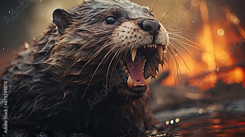 Agitated Beaver. A Fierce and Furious Aquatic Mammal Demonstrating Ferocity 