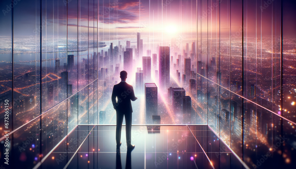 Businessman looking at city and skyscrapers. Generative AI