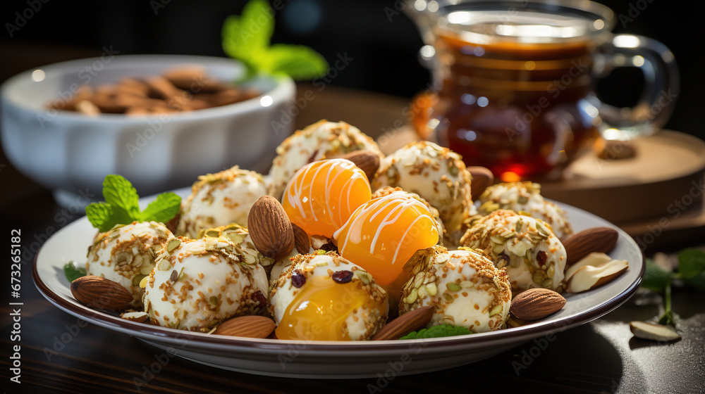 Delicious Apricot Coconut and Pistachio Energy Balls in Plate on Blurry Background Delicious Apricot Coconut and Pistachio Energy Balls in Plate on Blurry Background