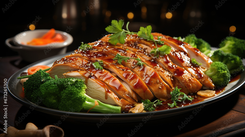 Juicy Hainan Chicken Thigh Meat with Light Soy Sauce and Spring Onion on Blurry Background