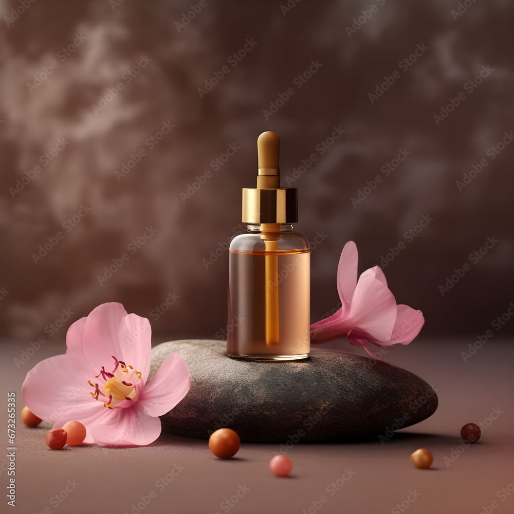 Natural medicine or aroma oil or beauty essence with dropper on stone podium stand with pink flowers and golden brown background. Generative AI Natural medicine or aroma oil or beauty essence with dropper on stone podium stand with pink flowers and golden brown background. Generative AI