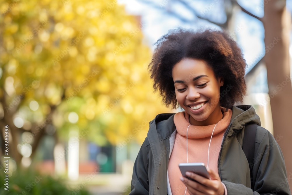 smiling happy cute african teen girl student holding cellphone mobile phone outside in college park smiling happy cute african teen girl student holding cellphone mobile phone outside in college park