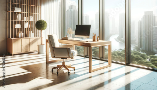 Wooden office interior with furniture and city view. Workplace and lifestyle concept. Generative AI