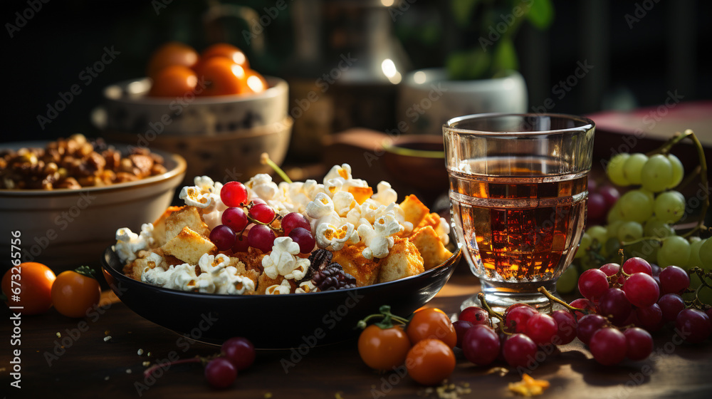 Delicious Sliced Bread with Popcorn and Fruits on Blurry Background Delicious Sliced Bread with Popcorn and Fruits on Blurry Background