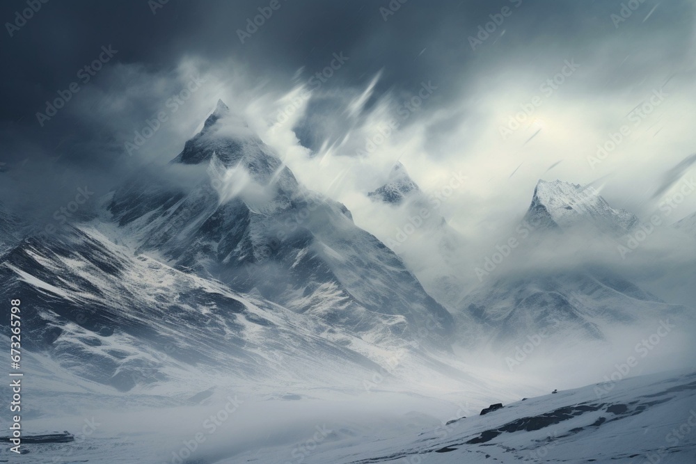 A mountain range covered in heavy snowfall with harsh winds causing a white veil to cover the landscape. Generative AI