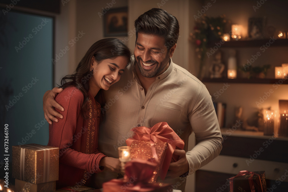 Indian ethnic person presenting gifts to his close relative on the occasion of Diwali festival Indian ethnic person presenting gifts to his close relative on the occasion of Diwali festival