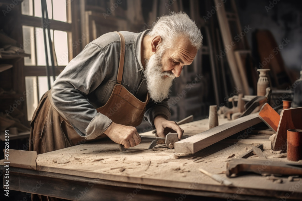 Elder Carpenter man attend to making masterpiece woodworks handcrafted furniture fine measure in wood workshop. Elder Carpenter man attend to making masterpiece woodworks handcrafted furniture fine measure in wood workshop.