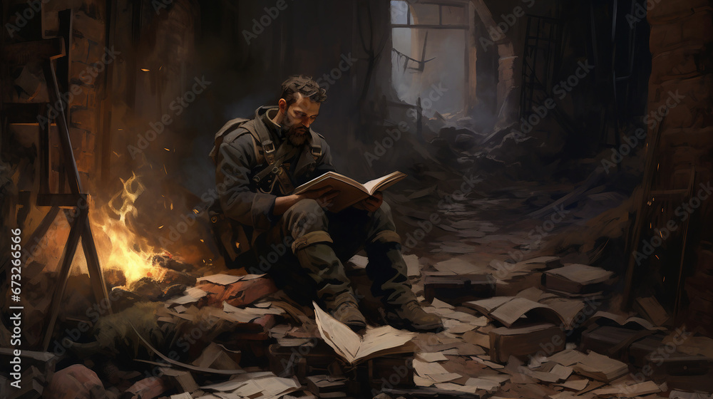 expansive war literature scene, with a serene library or archive and a central person reading a wartime memoir, emphasizing the role of literature in preserving the history and stories of war expansive war literature scene, with a serene library or archive and a central person reading a wartime memoir, emphasizing the role of literature in preserving the history and stories of war