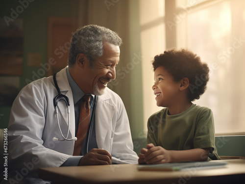 Pediatrician talking to child patient photo
