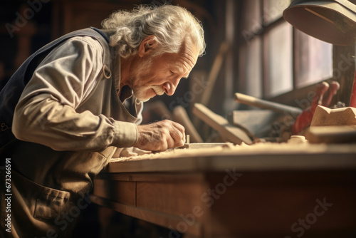 Elder Carpenter man attend to making masterpiece woodworks handcrafted furniture fine measure in wood workshop.