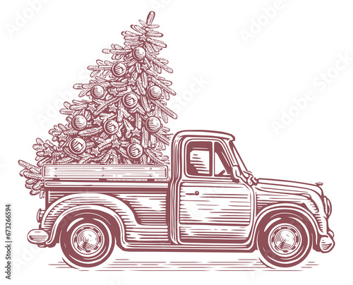 Retro truck and Christmas tree in the back of a car. Hand drawn sketch vector illustration