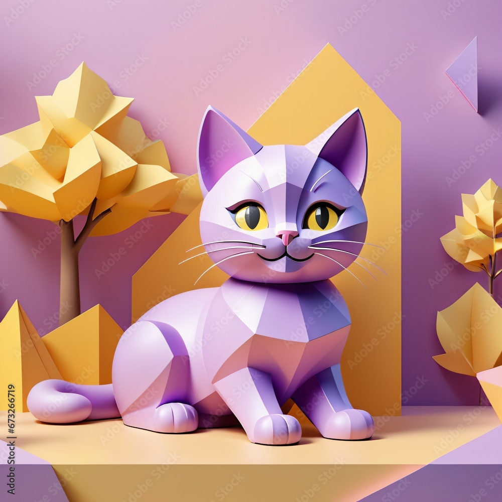 17. 3d, rendering, purple, pink, mint, cat, sitting, graphic, design, Generative AI