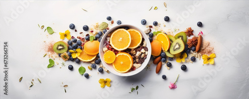 Top view of colorful fruit mix with nuts in a bowl. Healthy breakfast concept. Fresh fruit, raw food