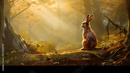 hare sitting on the ground in the forest photo