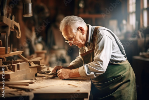 Elder Carpenter man attend to making masterpiece woodworks handcrafted furniture fine measure in wood workshop.
