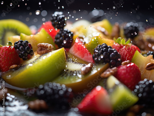 Close up photo of mix of fresh fruit and nuts  healthy food concept