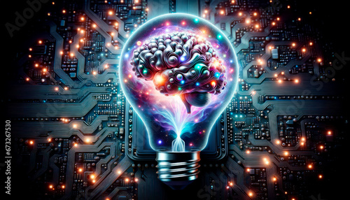 Human brain in light bulb on circuit board background. Generative AI