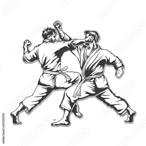 karate fighter batter with a two-man vector design in black and white.
