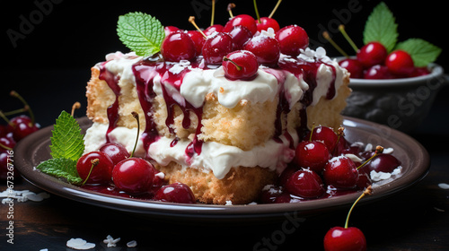 Delicious Decadent Tres Leches Milk Cake with Cream and Vanilla Frosting Fruit Raspberries and Cherries Topping Blurry Background