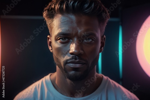 portrait of african american male model with neon lights portrait of african american male model with neon light young african american man looking at camera in neon light. high quality illustration