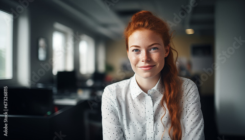 Portrait of a Confident Red-Haired Businesswoman in a Modern Office Setting