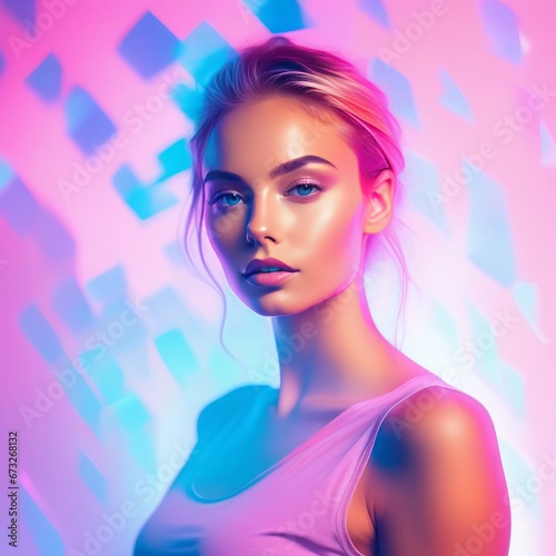 young beautiful woman with pink neon lights young beautiful woman with pink neon lights beautiful young woman with neon gradient lights on pink background