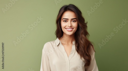 Portrait of a cheerful young woman wearing green shirt standing isolated over green background, looking at camera, posing
