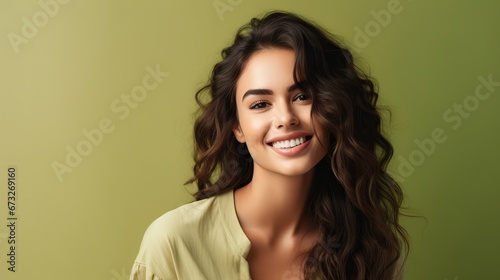 Portrait of a cheerful young woman wearing green shirt standing isolated over green background, looking at camera, posing