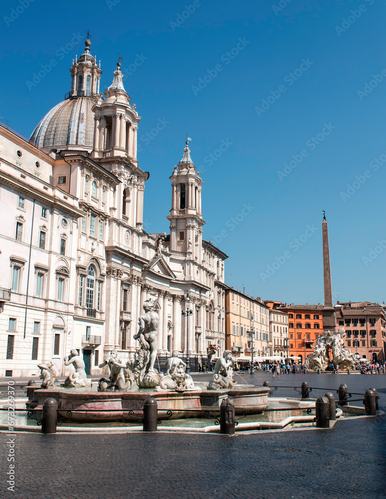 Piazza Navona with the St. Agnes in Agone church in Rome. The fountain in the foreground is the 
