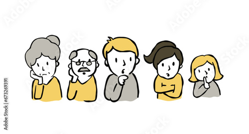 Confused Sketch Man and woman. Family with trouble. Gesture of unsure or doubtful. Puzzled and thinking expression. Husband and wife, grandparents, son and daughter doodle character.