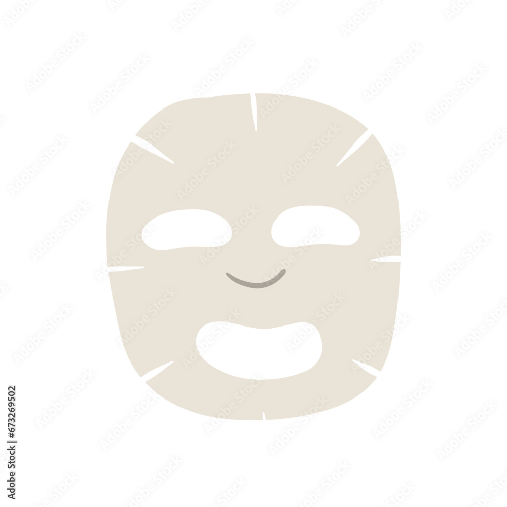 Sheet Face Mask. Skin hydrating or moisture. Facial skincare beauty cosmetic. Spa treatment product. Woman natural makeup with lotion. Cartoon illustration isolated on white Sheet Face Mask. Skin hydrating or moisture. Facial skincare beauty cosmetic. Spa treatment product. Woman natural makeup with lotion. Cartoon illustration isolated on white