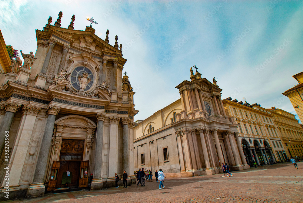Piazza San Carlo square and twin churches of Santa Cristina and San Carlo Borromeo in the Old Town center of Turin, Italy