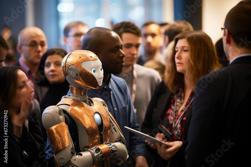 A close-up view of the AI robot as it engages with conference attendees, utilizing its advanced speech recognition to enhance the quality of the discussions  © Maksym