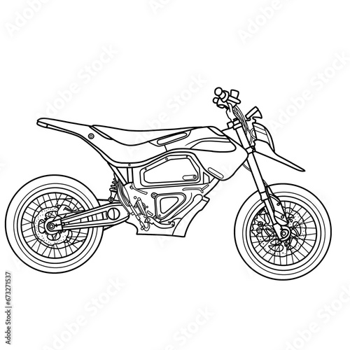 Electric futuristic dirt bike motocross concept. Electric Bike hand drawn sketch, suitable for your custom electric motorcross, outline vector illustration, side view, isolated with white background