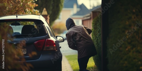 Rear view of a thief stealing a car, trying to open the door , concept of Unwanted property possession photo