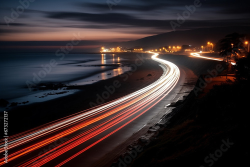 long exposure photo of a highway, night,speed line，motion blur,beach traffic long exposure