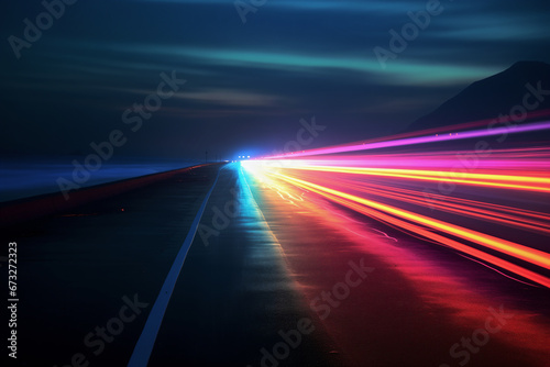 long exposure photo of a highway, night,speed line，motion blur