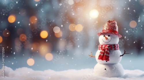 Christmas snowy background with a cute snowman and copy space. AI generative © tiena