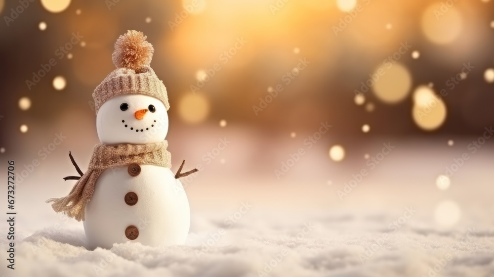 Christmas snowy background with a cute snowman and copy space. AI generative