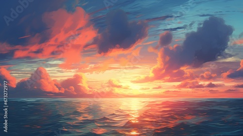 Beautiful landscape background. Cartoon summer sunset with clouds and lake. Anime style