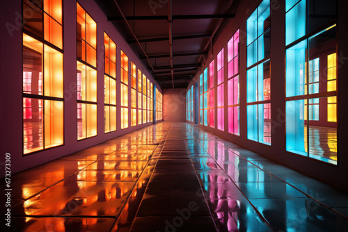 perspective picture Room with colorful lights in the dark Looking towards the end, there is dimension.